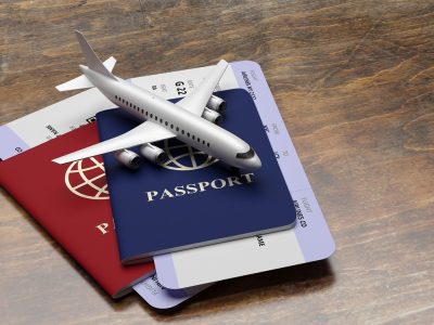 Plane tickets and passports on wood, banner, copy space. 3d illu
